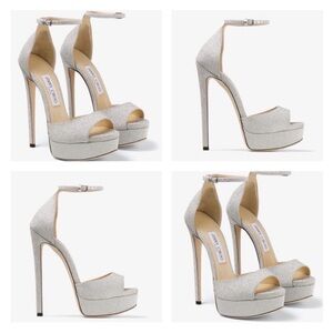 EUC Jimmy Choo Max 150 Metallic Silver Glitter Fabric Platform Stiletto Sandals